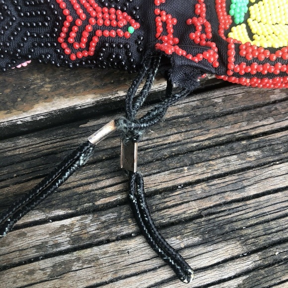 Corde Beaded Bag Drawstring Satchel Fish Ocean Black Green Yellow Vintage 80s - Picture 6 of 8